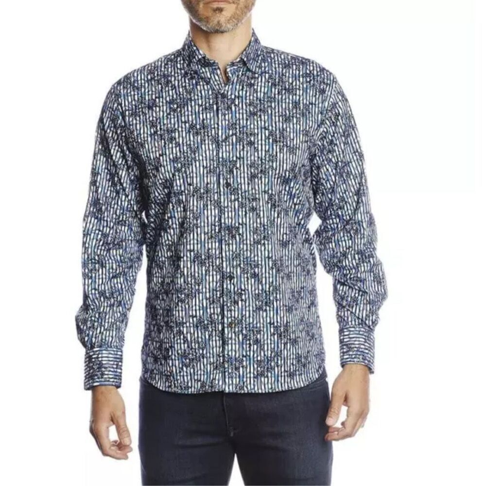 Luchiano Visconti Black Men’s Velvet Textured Blue Black Button Down Top Size Sm